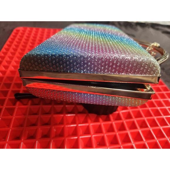 Rainbow Colored Rhinestone Clutch Purse Gold Tone Hardware - Picture 7 of 9